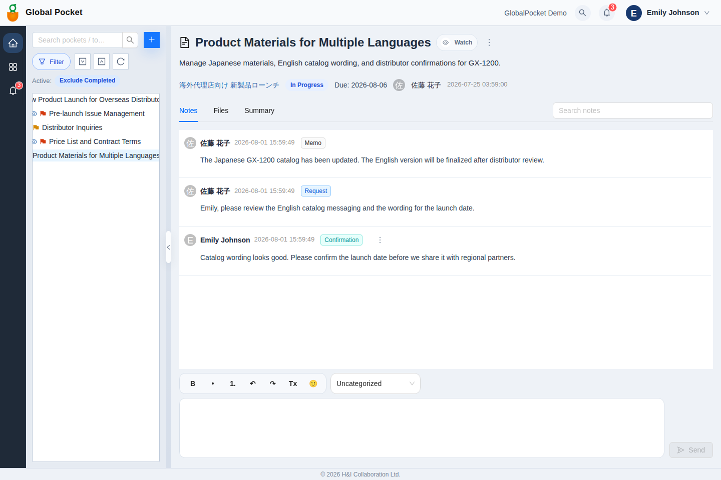 英語ユーザーの案件画面。新製品ローンチのトピックと英語表示されたノートを確認している。